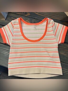 Womens Striped Scoop Neck Knit Top - Beige & Orange